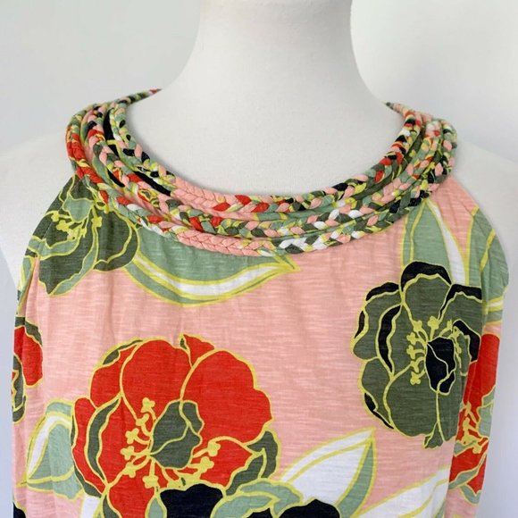 Crown & Ivy Sleeveless Braid Trim Tank Top Shirt Blouse Floral Coral Orange M - Picture 2 of 10
